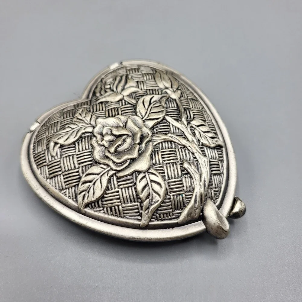 Vintage Compact Mirror Womens Heart Rose Embossed Basketweave Silver Tone